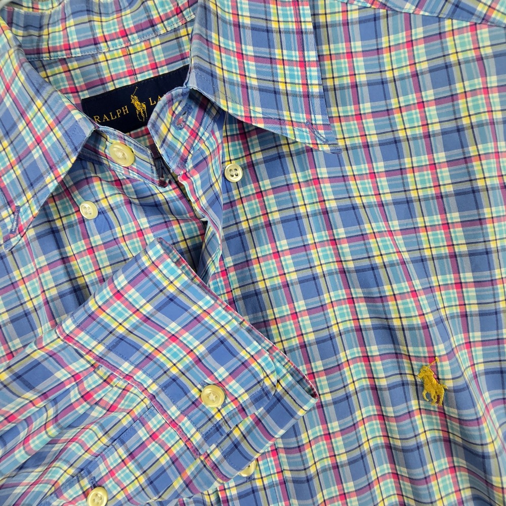 Ralph Lauren Shirt Mens M Blue Plaid Classic Fit Long Sleeve Yellow Pony